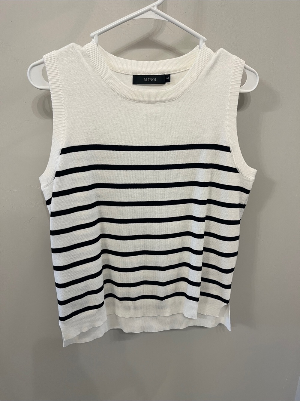 Mirol White Sleeveless Knit Tank with Black Stripes
